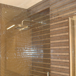 Душ-помещение отделено от стъклен параван